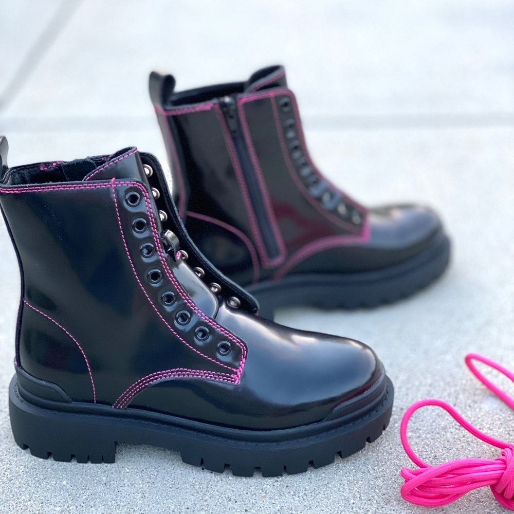 AQUA Combat Boots Ankle booties Quinn black patent neon pink lace up Moto combat - Picture 6 of 12